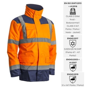 CG7KANO_Haina de lucru pentru iarna, multifunctionala, HI-VIZ, 4 in 1, reflectorizanta, impermeabila, Kanata, portocaliu_albastru inchis , cu maneci si gluga detasabile_princ