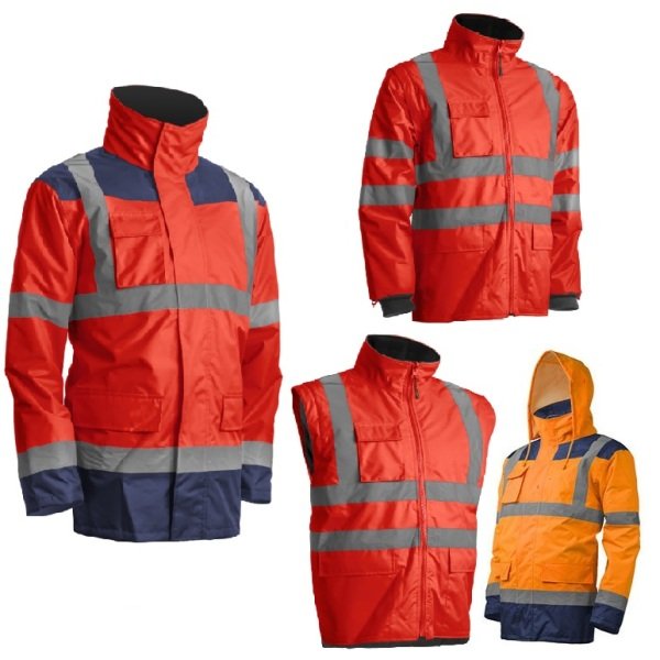 Haina de lucru pentru iarna, multifunctionala, HI-VIZ, 4 in 1, reflectorizanta, impermeabila, Kanata, rosu/albastru inchis , cu maneci si gluga detasabile