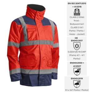 CG7KANR_Haina de lucru pentru iarna, multifunctionala, HI-VIZ, 4 in 1, reflectorizanta, impermeabila, Kanata, rosu_albastru inchis , cu maneci si gluga detasabile_princ