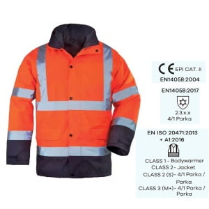 CG7ROPO_Haina de lucru pentru iarna, HI-VIZ, 4 in 1, reflectorizanta, multifunctionala, impermeabila, ROADWAY 4IN1, portocaliu-albastru inchis, jacheta detasabila, geaca de iarna si vesta_princ