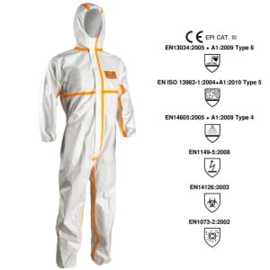 CGMO44500_Combinezon de protectie Coverchem 4M40, polipropilena, alb, antistatic, protectie impotriva contaminarii cu chimicale, microorganisme si particule radioactive_1