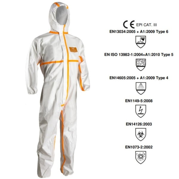 Combinezon de protectie Coverchem 4M40, polipropilena, alb, antistatic, protectie impotriva contaminarii cu chimicale, microorganisme si particule radioactive