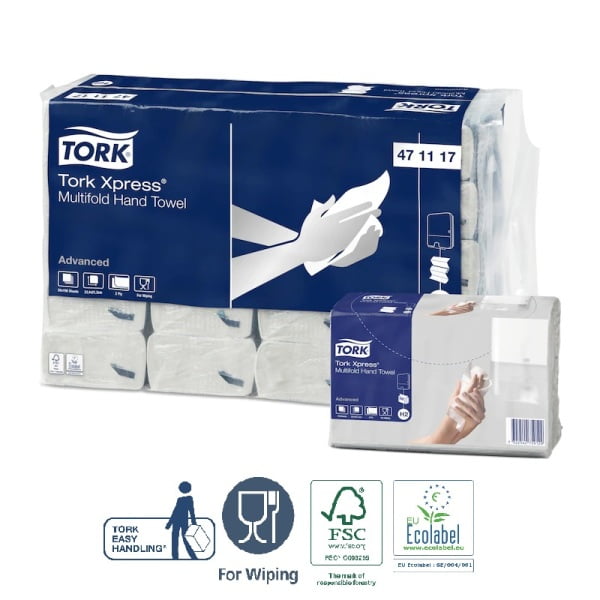 Prosoape de hartie Tork Xpress® Multifold,  sistem H2, albe, 23.4 x 21.3 cm, 2 pliuri, 190 servetele/pach, 20 pach/bax