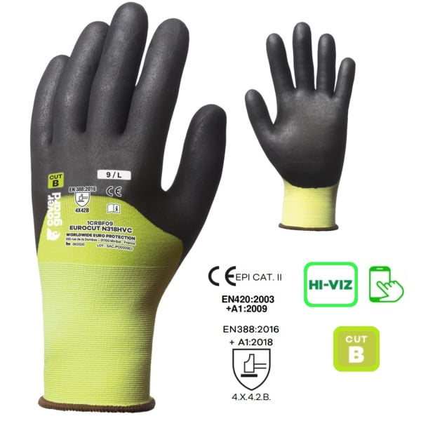 Manusi de protectie cu rezistenta la taiere 3/B, Hi-Viz, EUROCUT N318HVC, galben fluorescent, cu imersie 3/4 in nitril poros, aderente in mediu putin uleios, Coverguard