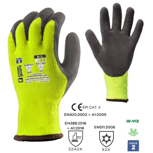 Manusi de protectie pentru iarna Hi-VIZ, EUROWINTER L20, galben-negru, imersie dubla in latex, impermeabile, flexibile, captusite, aderente in mediu umed/uscat