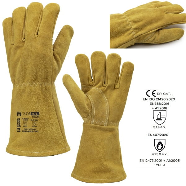 Manusi pentru sudura, EUROWELD300, din piele spalt, galbena, captusite, intaritura in palma, cusaturi cu Kevlar, protectie termica 100°C maxim 15 secunde