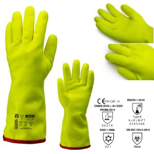 Manusi de protectie chimica si termica, EUROWINTER F110, din PVC, galben Hi-Viz, impermeabile, aderente, protectie impotriva temperaturilor scazute, chimicalelor, microorganismelor