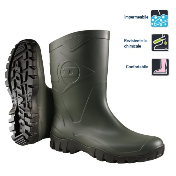 Cizme din PVC, DUNLOP DEE K580011, culoare verde, fara bombeu, impermeabile, rezistente la acizi, confortabile, 27 cm, pentru agricultura, agrement, vanatoare