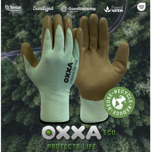 Manusi de protectie  OXXA E-Nature-Top-Grip 52-050, suport poliester reciclat, imersie de cauciuc natural aerat pe palma, aderenta si dexteritate maxima, protectie mecanica si termica 100°C