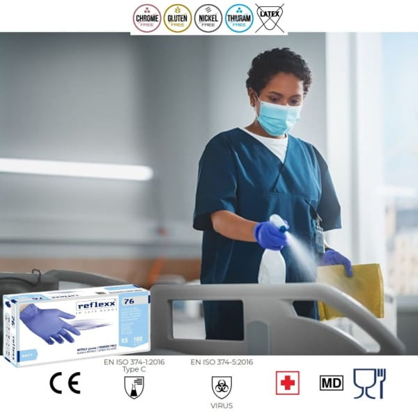 Manusi de nitril Soft, de unica folosinta, nepudrate, albastre, 0.07 mm, Reflexx 76, certificate pentru folosire in industria alimentara si domeniul medical, 100 buc/cutie