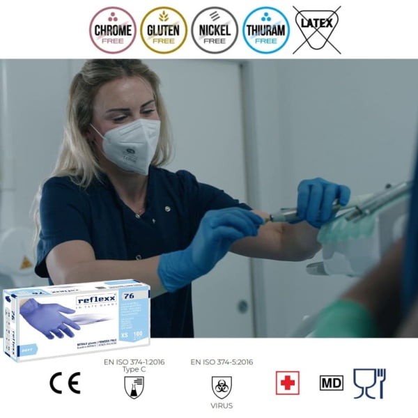 Manusi de nitril Soft, de unica folosinta, nepudrate, albastre, 0.07 mm, Reflexx 76, certificate pentru folosire in industria alimentara si domeniul medical, 100 buc/cutie