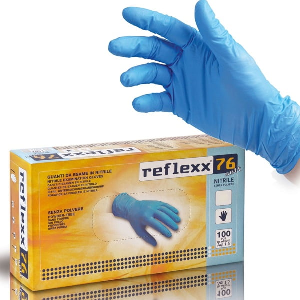 Manusi de nitril Soft, de unica folosinta, nepudrate, albastre, 0.07 mm, Reflexx 76, certificate pentru folosire in industria alimentara si domeniul medical, 100 buc/cutie