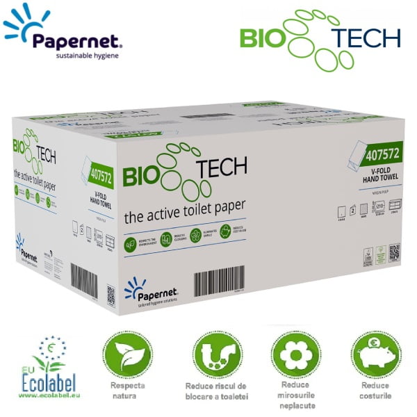 Prosoape de hartie pliate V, BioTech, Papernet 407572, celuloza pura, alb, 2 straturi, 21x22cm, certificat Ecolabel, 210 servetele/pachet, 15 pachet/bax