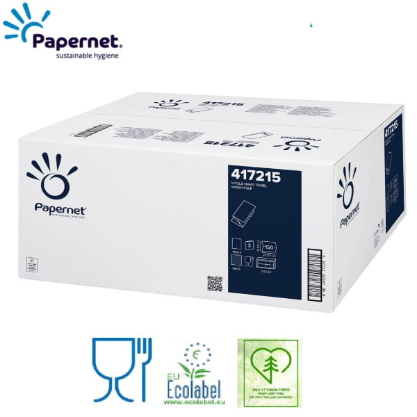 Prosoape de hartie pliate V Papernet 417215, celuloza pura, 2 straturi, alb, 21 x 24cm, certificate  Ecolabel, Food Contact, 150 servetele/pachet, 20 pachete/bax