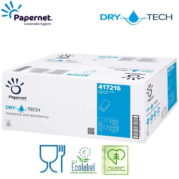 Prosoape de hartie pliate V, Dry Tech, Papernet 417216, celuloza, 1 strat, alb, 21 x 22 cm, certificate  Ecolabel, Food Contact, 320 servetele/pachet, 15 pachete/bax