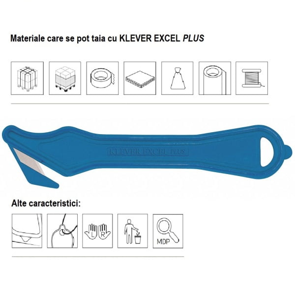 Cutter profesional detectabil pentru taierea ambalajelor mai groase, Klever Excel PLUS Metal Detectable, albastru inchis, lama din otel, incorporata in maner, ergonomic