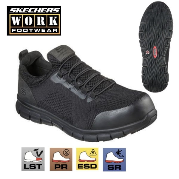 Pantofi de protectie, S1P, SRC, ESD, model sport, SKECHERS SYNERGY-OMAT, usori si confortabili, bombeu din aluminiu, plasa 3D pentru respirabilitate, intaritura TPU pe varf, piele pe calcai