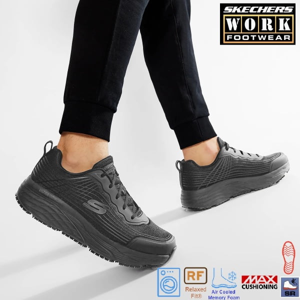 Pantofi ocupationali OB FO, SRC, pentru barbati, SKECHERS Max Cushioning ELITE SR - RYTAS, negri, Relaxed Fit - constructie lata, brant Cooled Air Memory Foam si talpa groasa, anti-alunecare