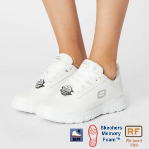 Pantofi ocupationali OB E FO, SRC, model sport pentru femei, SKECHERS SURE TRACK - ERATH, albi, din piele neteda moale, talpa usoara, flexibila, care absoarbe socurile