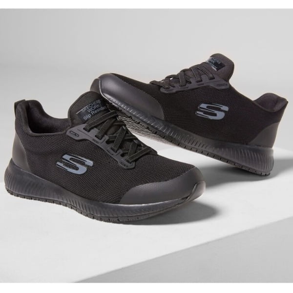 Pantofi ocupationali OB E FO, SRC, model sport pentru femei, SKECHERS SQUAD SR, negri, din material textil, acoperit cu TPU, brant Memory Foam si talpa usoara, flexibila, anti-alunecare, care absoarbe socurile