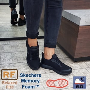 Pantofi ocupationali OB E FO, SRC, model sport pentru femei, SKECHERS SQUAD SR, negri, din material textil, acoperit cu TPU, brant Memory Foam si talpa usoara, flexibila, anti-alunecare, care absoarbe socurile