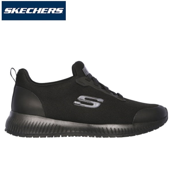 Pantofi ocupationali OB E FO, SRC, model sport pentru femei, SKECHERS SQUAD SR, negri, din material textil, acoperit cu TPU, brant Memory Foam si talpa usoara, flexibila, anti-alunecare, care absoarbe socurile