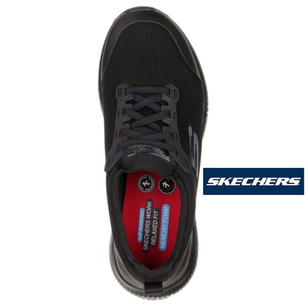 Pantofi ocupationali OB E FO, SRC, model sport pentru femei, SKECHERS SQUAD SR, negri, din material textil, acoperit cu TPU, brant Memory Foam si talpa usoara, flexibila, anti-alunecare, care absoarbe socurile