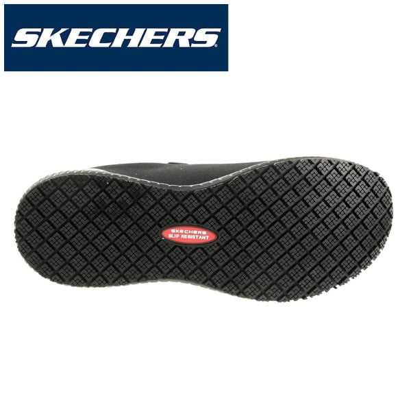 Pantofi ocupationali OB E FO, SRC, model sport pentru femei, SKECHERS SQUAD SR, negri, din material textil, acoperit cu TPU, brant Memory Foam si talpa usoara, flexibila, anti-alunecare, care absoarbe socurile