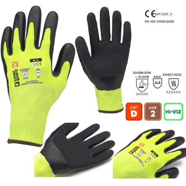 Manusi de protectie Hi-VIZ, cu rezistenta la taiere D, Eurocut Strong L440, galben fluorescent, imersie de latex, aderenta in mediu uscat, umed, flexibile, forma ergonomica