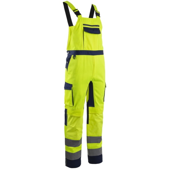 Salopeta de lucru Hi-Viz, HIBANA, Clasa 2, galben/albastru inchis, 60%bumbac, 40% poliester, insertii elastice, benzi reflectorizante, cusaturi triple