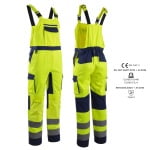 CG5HBB160_Pantaloni cu pieptar Hi-Viz, HIBANA, Clasa 2, galben-albastru inchis, 60%bumbac, 40% poliester, insertii elastice, benzi reflectorizante, cusaturi triple_princ