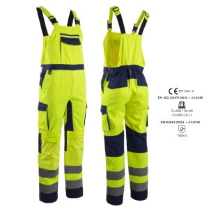 Salopeta de lucru Hi-Viz, HIBANA, Clasa 2, galben/albastru inchis, 60%bumbac, 40% poliester, insertii elastice, benzi reflectorizante, cusaturi triple