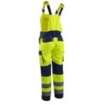 CG5HBB160_Pantaloni cu pieptar Hi-Viz, HIBANA, Clasa 2, galben-albastru inchis, 60%bumbac, 40% poliester, insertii elastice, benzi reflectorizante, cusaturi triple_spate