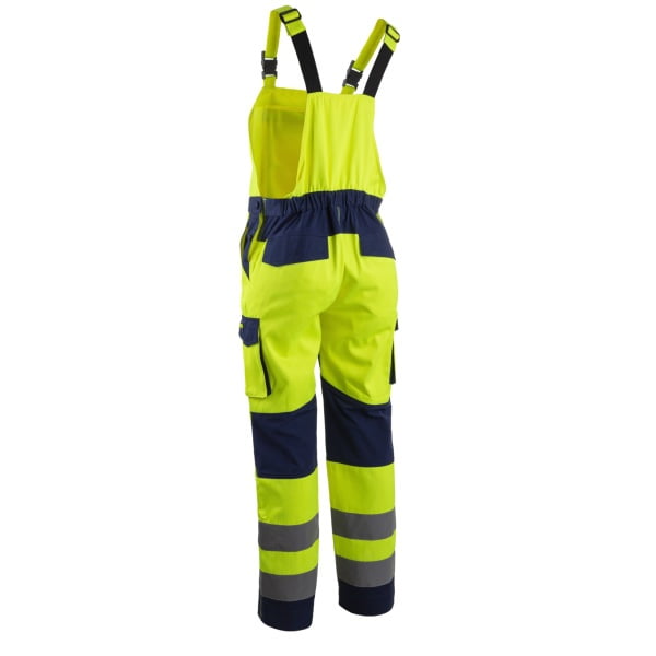 Salopeta de lucru Hi-Viz, HIBANA, Clasa 2, galben/albastru inchis, 60%bumbac, 40% poliester, insertii elastice, benzi reflectorizante, cusaturi triple