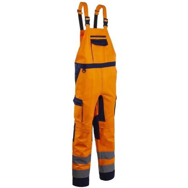 Salopeta de lucru Hi-Viz, HIBANA, Clasa 2, portocaliu/albastru inchis, 60%bumbac, 40% poliester, insertii elastice, benzi reflectorizante, cusaturi triple