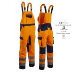 CG5HBB170_Pantaloni cu pieptar Hi-Viz, HIBANA, Clasa 2, portocaliu-albastru inchis, 60%bumbac, 40% poliester, insertii elastice, benzi reflectorizante, cusaturi triple_princ