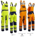 CG5HBB_Pantaloni cu pieptar Hi-Viz, HIBANA, Clasa 2, 60%bumbac, 40% poliester, insertii elastice, benzi reflectorizante, cusaturi triple-VARIANTE