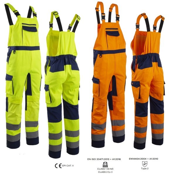 Salopeta de lucru Hi-Viz, HIBANA, Clasa 2, galben/albastru inchis, 60%bumbac, 40% poliester, insertii elastice, benzi reflectorizante, cusaturi triple