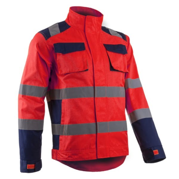 Jachetă HI-Viz Hibana, Clasa 2, rosu neon-albastru inchis, inalta vizibilitate - benzi reflectorizante, confortabila - insertii elastice, spate alungit pentru protectie