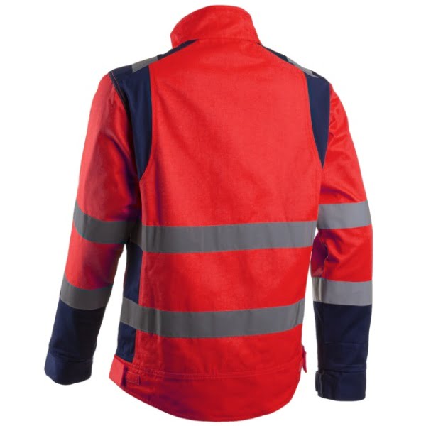 Jachetă HI-Viz Hibana, Clasa 2, rosu neon-albastru inchis, inalta vizibilitate - benzi reflectorizante, confortabila - insertii elastice, spate alungit pentru protectie