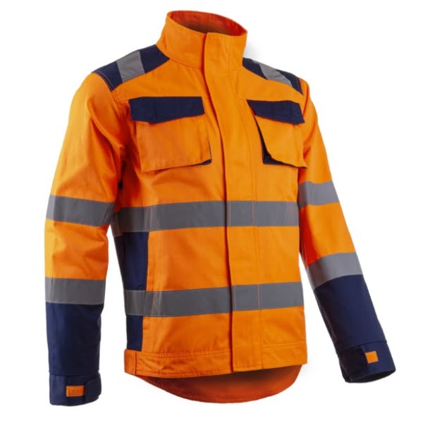 Jachetă HI-Viz Hibana, Clasa 2, portocaliu neon-albastru inchis, inalta vizibilitate - benzi reflectorizante, confortabila - insertii elastice, spate alungit pentru protectie