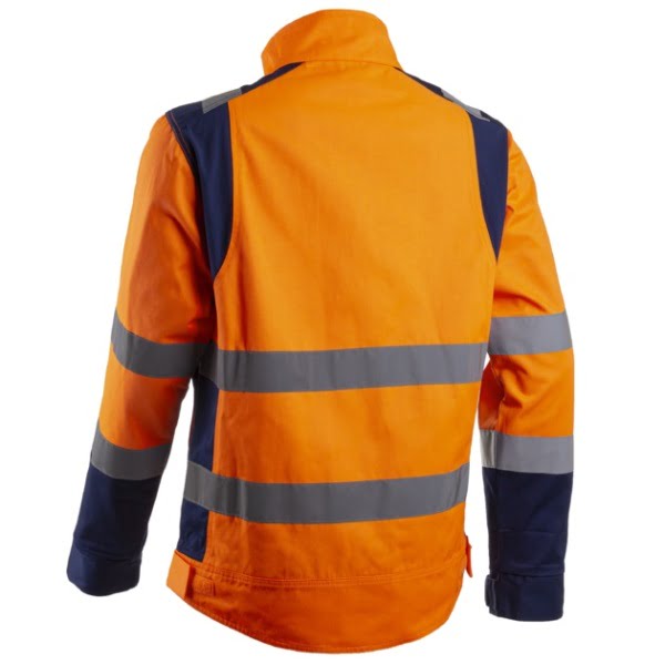 Jachetă HI-Viz Hibana, Clasa 2, portocaliu neon-albastru inchis, inalta vizibilitate - benzi reflectorizante, confortabila - insertii elastice, spate alungit pentru protectie