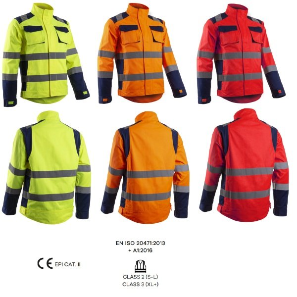 Jachetă HI-Viz Hibana, Clasa 2, galben neon-albastru inchis, inalta vizibilitate - benzi reflectorizante, confortabila - insertii elastice, spate alungit pentru protectie