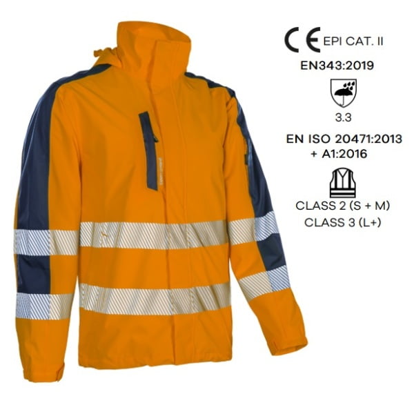 Jacheta impermeabila HI-Viz, pentru ploaie si vant, Hotaru, vizibilitate ridicata, portocaliu  fluorescent-albastru, benzi reflectorizante, impermeabilitate 8000 mm, respirabilitate 5000 g/m²/24h