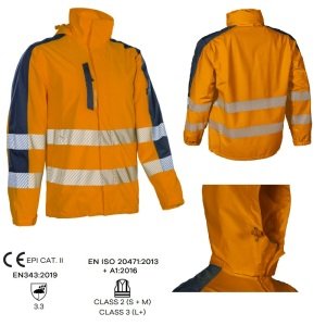 Jacheta impermeabila HI-Viz, pentru ploaie si vant, Hotaru, vizibilitate ridicata, portocaliu  fluorescent-albastru, benzi reflectorizante, impermeabilitate 8000 mm, respirabilitate 5000 g/m²/24h