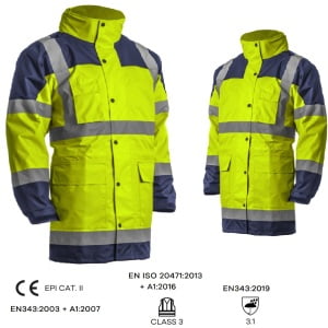 Jacheta impermeabila HI-Viz, pentru conditii de ploaie si vant, Hydra, vizibilitate ridicata, galben fluorescent-albastru, benzi reflectorizante, material Oxford impregnat cu PU, Coverguard