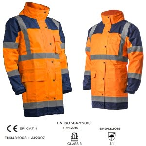 CG5HYJ17_Jacheta impermeabila HI-Viz, ploaie si vant, Hydra, vizibilitate ridicata, portocaliu fluorescent-albastru, benzi reflectorizante, material Oxford impregnat cu PU, Coverguard_1