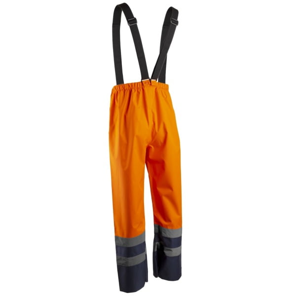 Pantaloni impermeabili HI-Viz, pentru conditii de ploaie si vant, Hydra, vizibilitate ridicata, portocaliu fluorescent-albastru, benzi reflectorizante, material Oxford impregnat cu PU, bretele detasabile, Coverguard