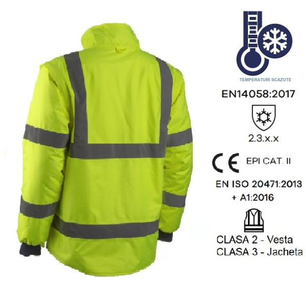 Jacheta 2 in 1 impermeabila, Hi-Viz, impotriva temperaturilor scazute, ploii si vantului, Kazan 2in1, jacheta si vesta, galben fluorescent, captusita, maneci detasabile