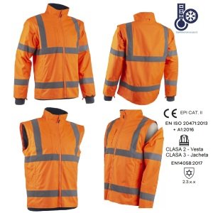 Jacheta 2 in 1 impermeabila, Hi-Viz, impotriva temperaturilor scazute, ploii si vantului, Kazan 2in1, jacheta si vesta, portocaliu fluorescent, captusita, maneci detasabile